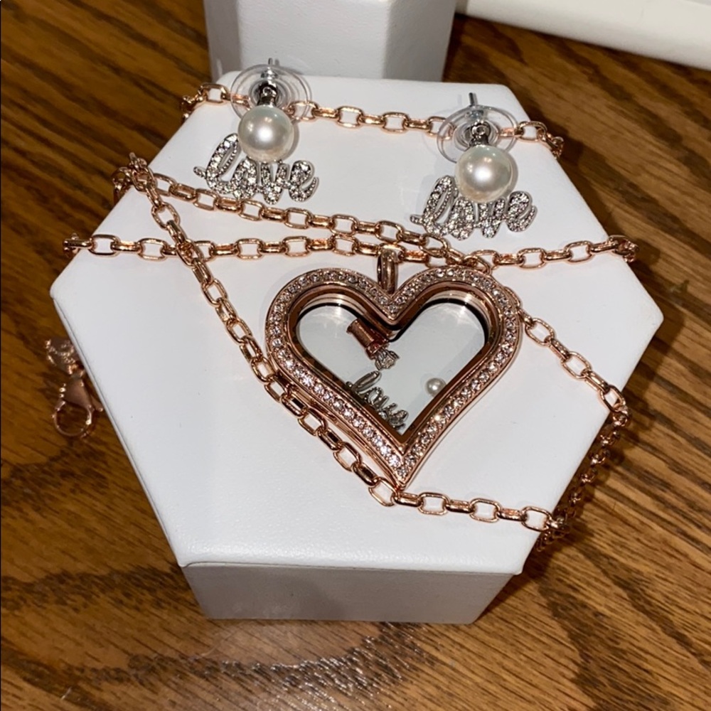 Origami Owl Rose Gold Large Heart Locket Bundle